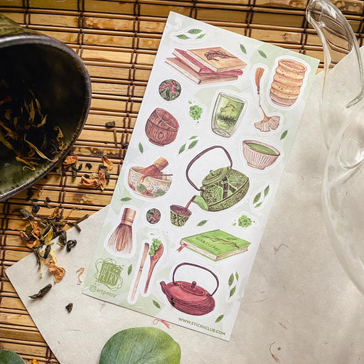 matcha green tea japanese kettle teapot whisk book cup sticker sheet