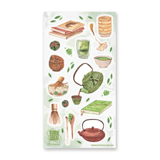 matcha green tea japanese kettle teapot whisk book cup sticker sheet